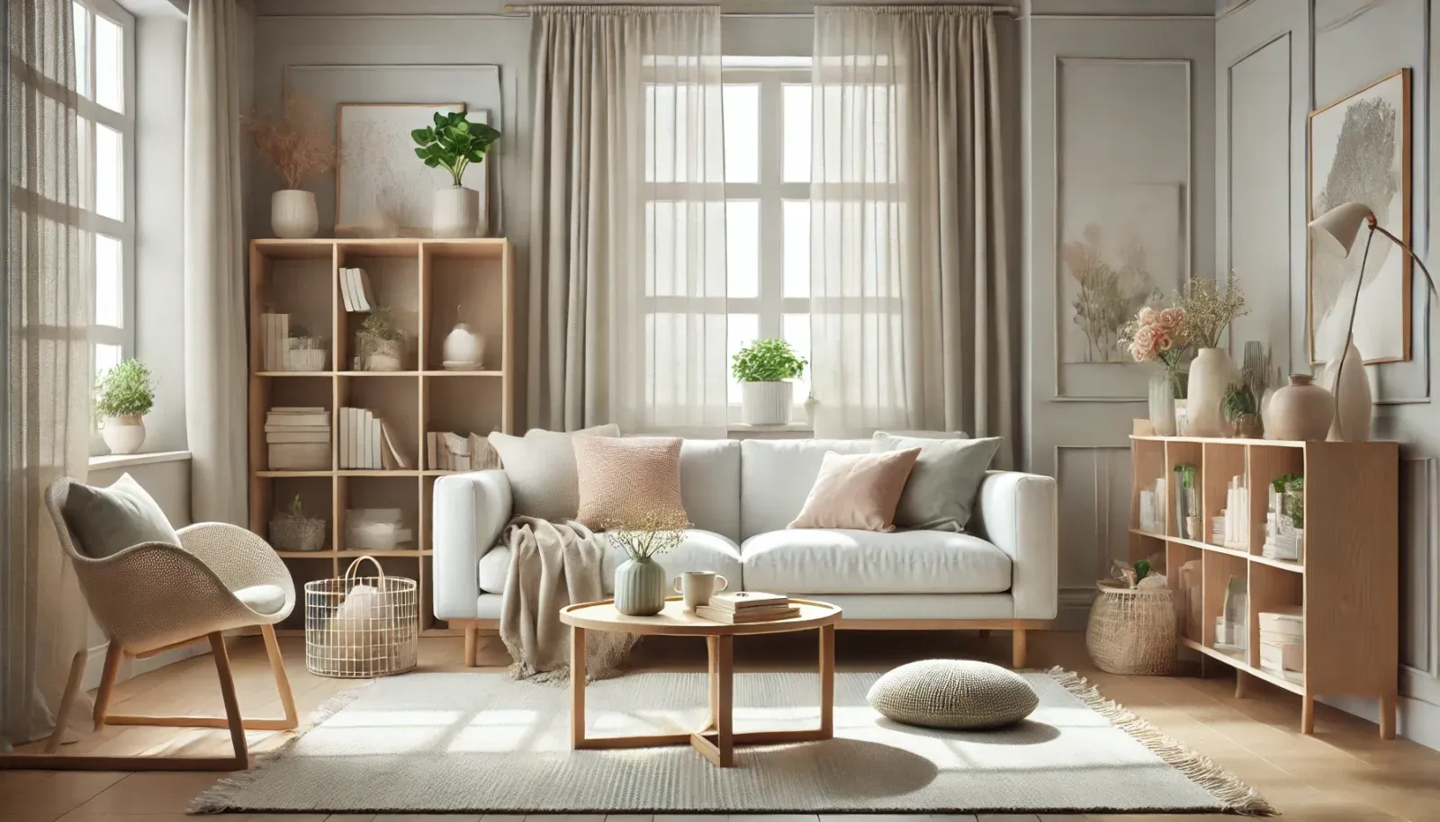 Interior în stil nordic, cu o paletă de culori neutre incluzând pereți gri deschis, mobilier alb și din lemn natural, accente pastelate în perne și pături, și plante verzi pentru un strop de culoare, creând un spațiu luminos și liniștitor.