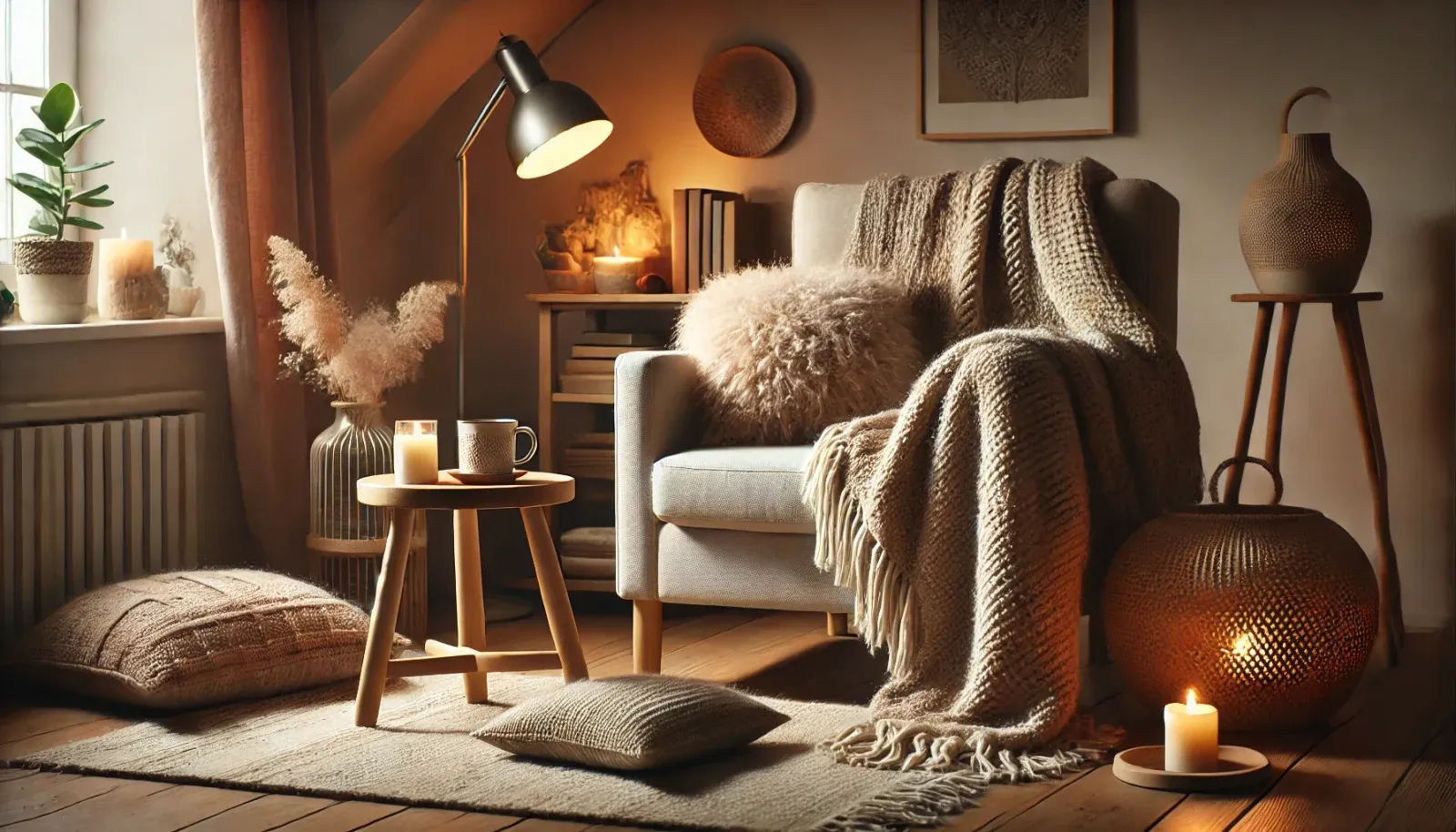 Interior în stil nordic inspirat de conceptul danez de „Hygge”, cu un fotoliu confortabil, o pătură de lână, o măsuță de lemn cu o lumânare aprinsă și o ceașcă de ceai. Spațiul este decorat cu accente calde, cum ar fi o pernă tricotată, cărți și un covor împletit, iluminat de o lampă care creează o atmosferă relaxantă și primitoare.