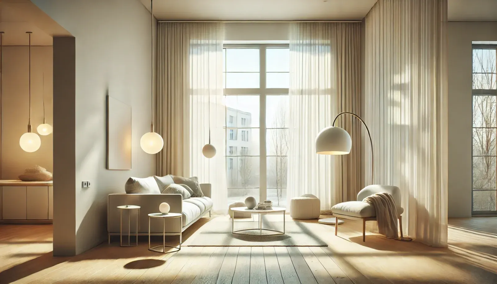 Interior în stil nordic, cu ferestre mari din podea până în tavan, perdele albe translucide care difuzează lumina naturală, podele din lemn deschis și mobilier minimalist. Iluminatul artificial cald, provenit de la lămpi suspendate și de masă, completează atmosfera luminoasă și primitoare.