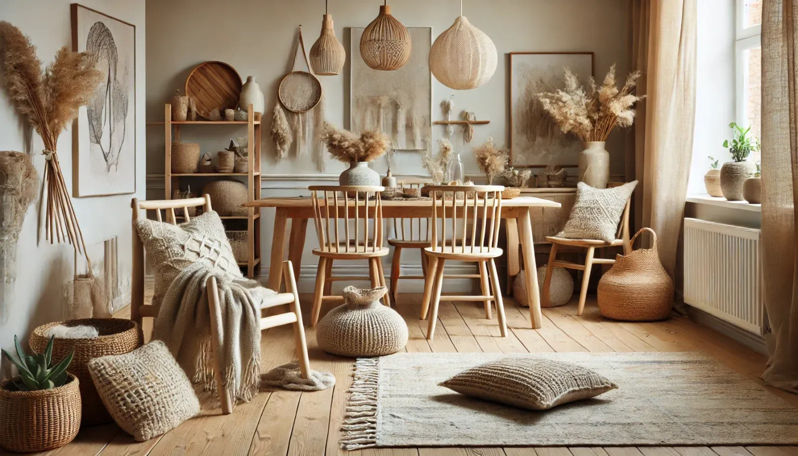 Interior în stil nordic, cu podele și mobilier din lemn deschis, precum pinul sau stejarul, completate de textile din lână, in și bumbac. Elemente decorative din fibre naturale, precum coșuri împletite, creează o atmosferă autentică și confortabilă, cu o paletă de culori neutre în tonuri de bej și crem.