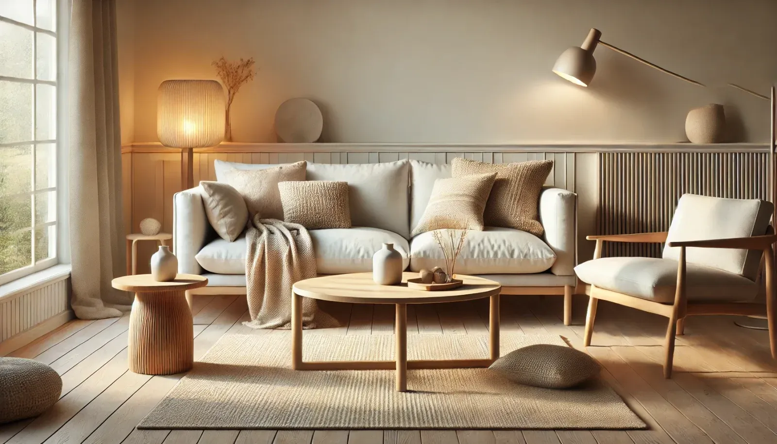Interior în stil nordic minimalist, cu o masă de cafea din lemn deschis, o canapea albă simplă cu perne și pături texturate, paletă de culori neutre și accente de iluminat cald, creând un spațiu primitor și personalizat.